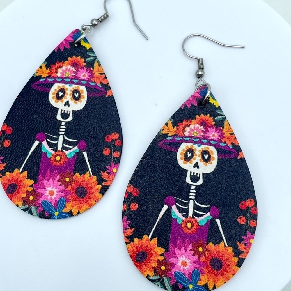 Fashion Pink Blue Gothic Leather Floral Skeleton Dangle French Hook Earrings